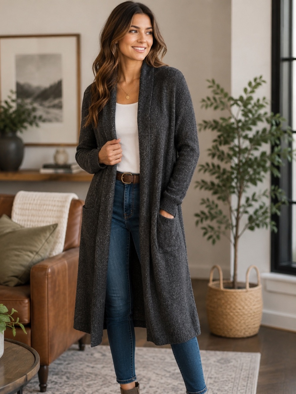 Love Stitch Women’s Long Open Front Cardigan Size M Charcoal Gray Duster Sweater
